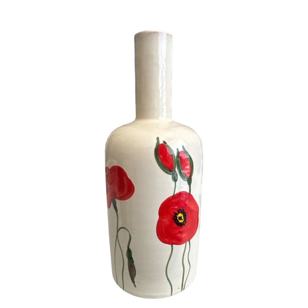Hand Painted Poppies Signed Bai Linda Italian Pottery Long Neck Bottle